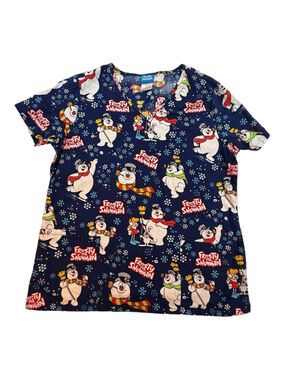 Frosty The Snowman Scrub Top Womens Medium Blue Christmas Holiday Nurse Medical